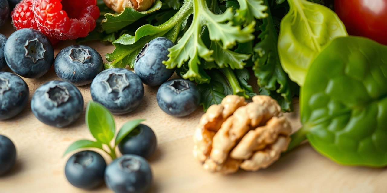 Gros plan sur une variété de fruits et légumes riches en antioxydants, comme les baies, les épinards et les noix, agencés de manière artistique sur une table en bois clair. La lumière naturelle met en valeur les couleurs vives.