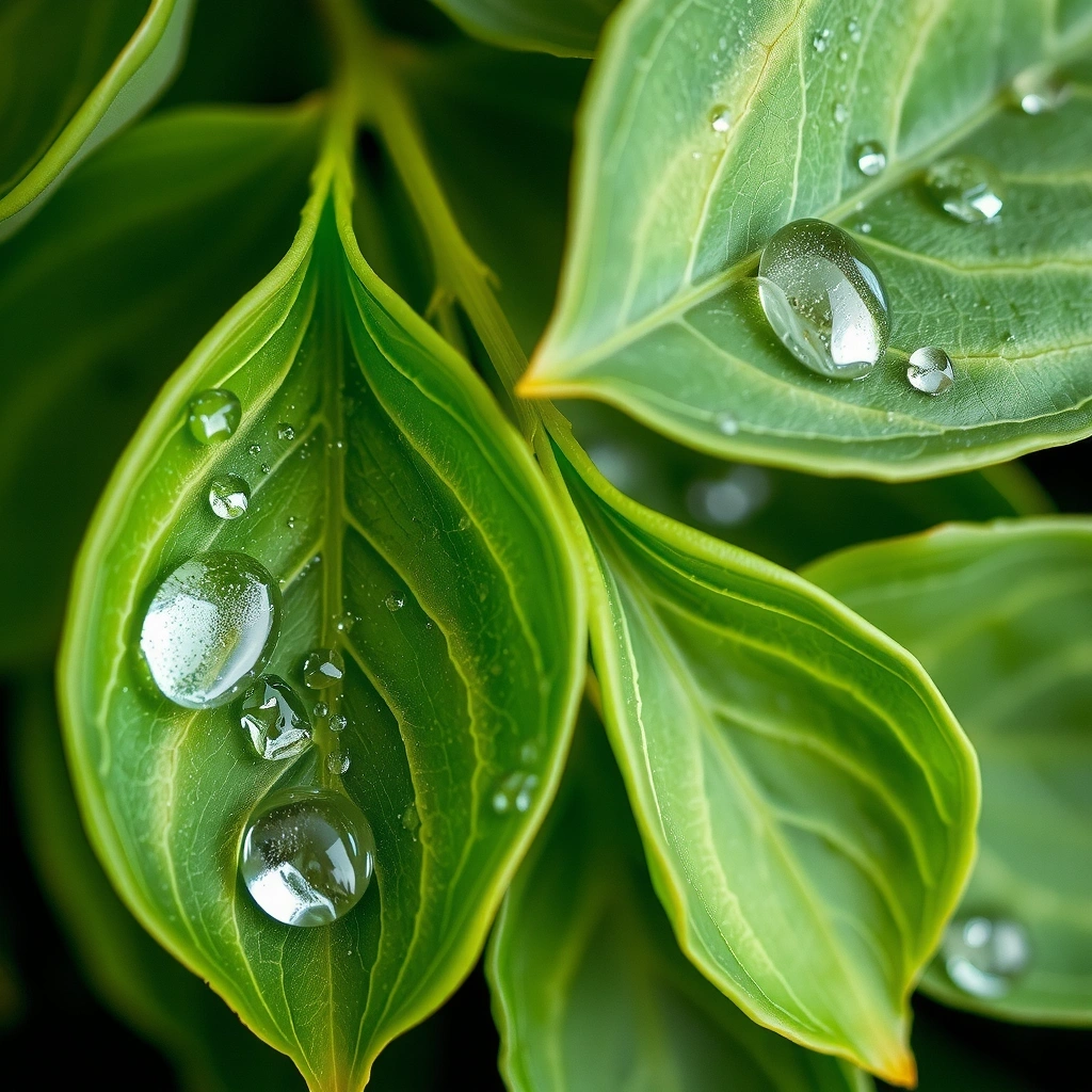 Feuilles vertes et gouttes d'eau, symbolisant la détoxification naturelle et la pureté.