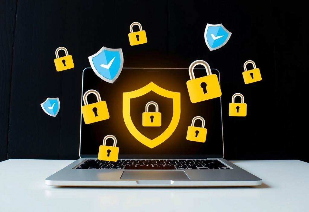 Des icônes de cadenas et de boucliers numériques flottant autour d'un ordinateur portable, représentant la sécurité des données en ligne.